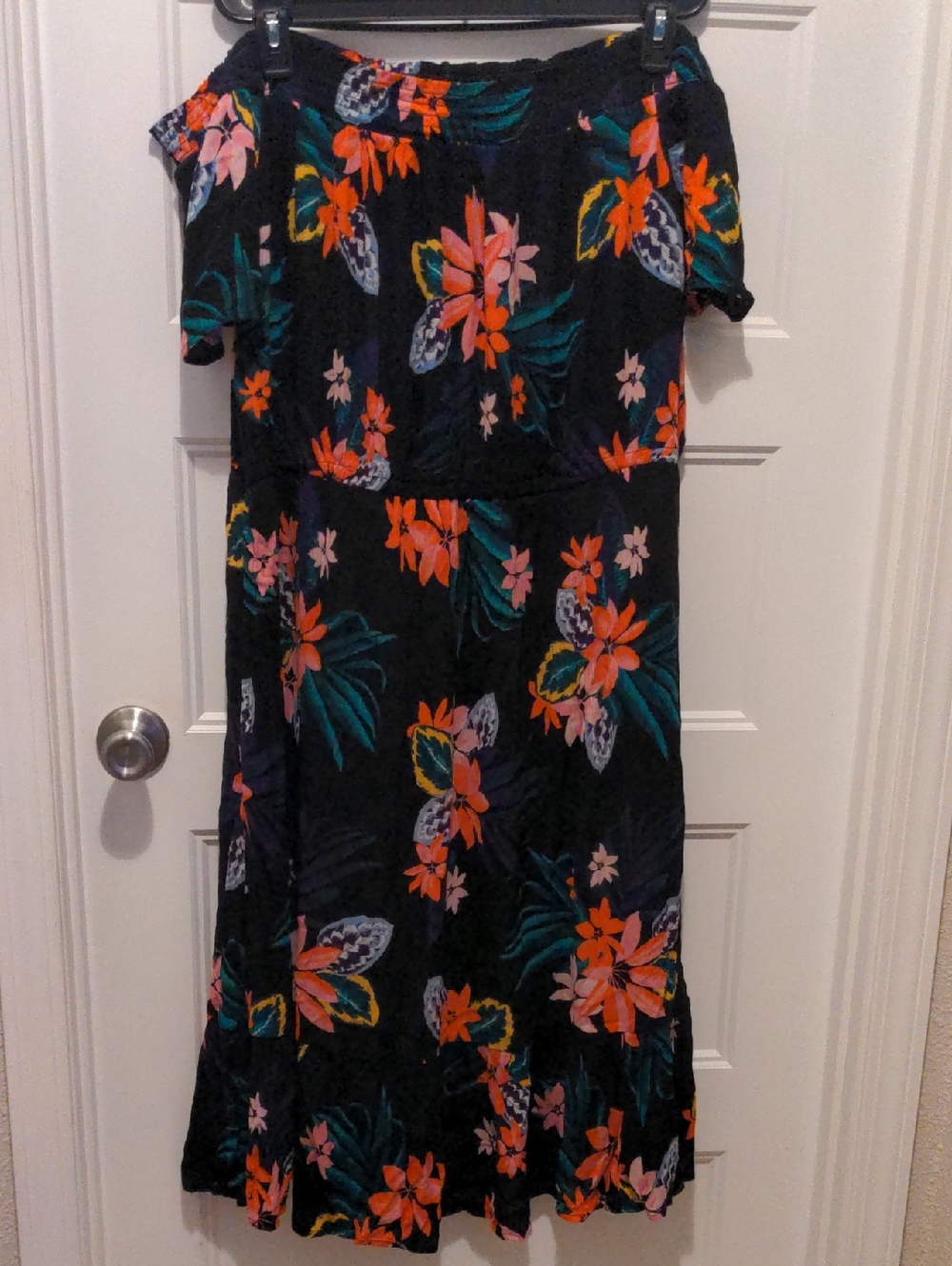 Old Navy Tropical Floral Black Smocked Off-the-Shoulder Midi Dress XXL